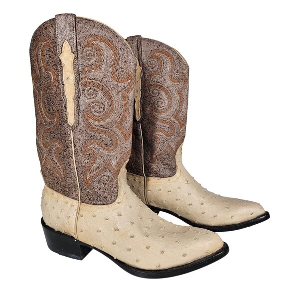 Vintage Sedona West Men's Ostrich Leather Western Cowboy Boots Tan Brown 7EE - Picture 1 of 13